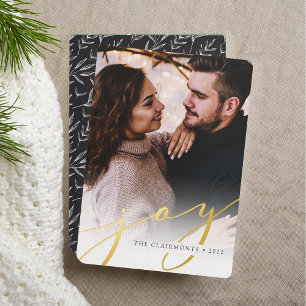 Joy Script   Elegant Vertical Christmas Foil Holiday Card