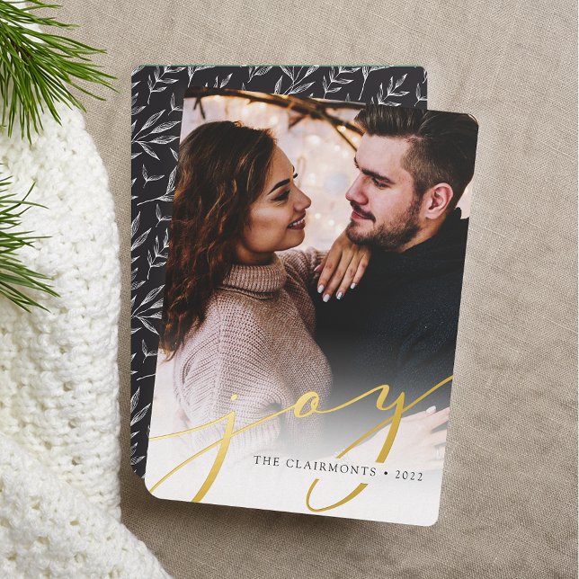 Joy Script | Elegant Vertical Christmas Foil Holiday Card (Creator Uploaded)