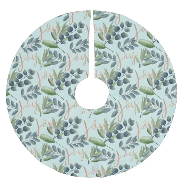 Joy Script Green Sage Floral Foliage Christmas Brushed Polyester Tree Skirt (Front)