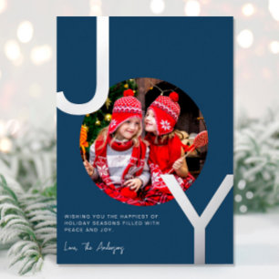 Joy Silver foil Blue elegant minimalist Christmas Holiday Card