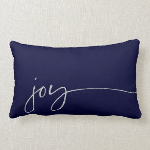 Joy Silver Navy Elegant Script Calligraphy Lumbar Cushion