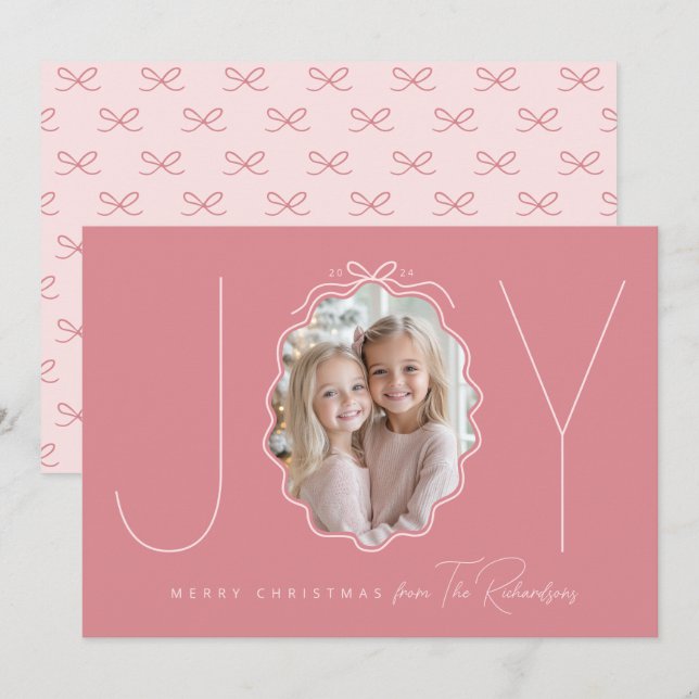 JOY Simple Bow Wavy Photo Christmas Holiday Card (Front/Back)