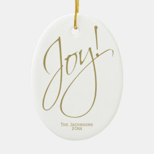 Joy! Simple Elegant Gold & White Christmas Photo Ceramic Tree Decoration