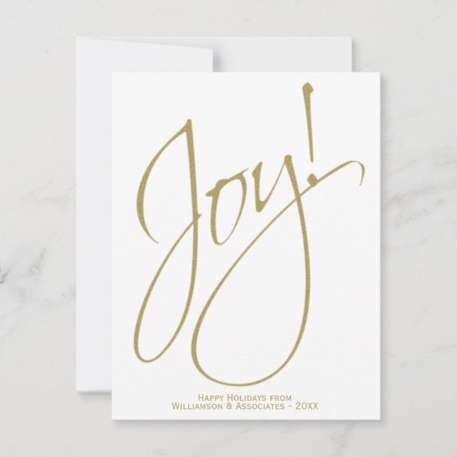 Joy! Simple Elegant Gold & White Small Business Holiday Card (Front)