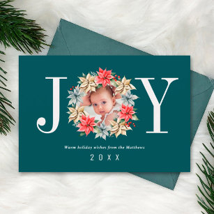 Joy Simple Farmhouse Poinsettia Wreath and Photo Holiday Card