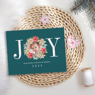Joy Simple Farmhouse Poinsettia Wreath and Photo Holiday Postcard