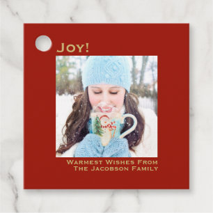 Joy! Simple Red & Gold Minimalist Photo Christmas Favour Tags
