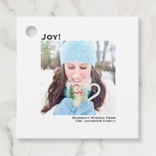 Joy! Simple White Minimalist Photo Christmas Favour Tags