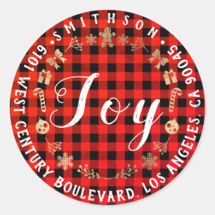 Joy Snow Christmas Return RSVP Buffalo Plaid Holid Classic Round Sticker