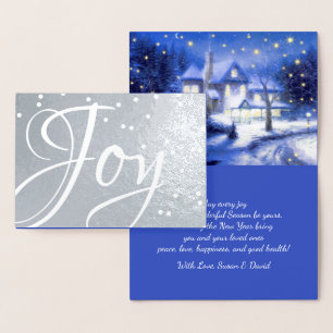Joy. Snowy Village Christmas Luxury Real Foil Card