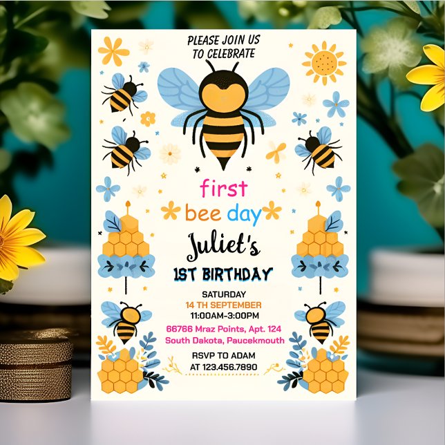 joy spring daisy Yellow first 1st bee day birthday Invitation (Creator Uploaded)