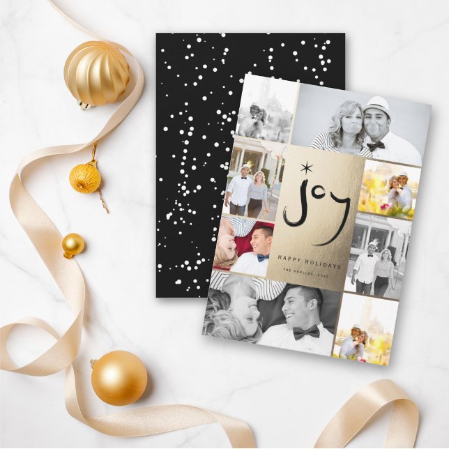 Joy & Star Brush Script Faux Foil Stylish 6 Photo Holiday Card (Creator Uploaded)
