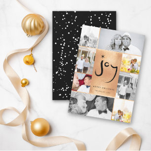 Joy & Star Brush Script Faux Foil Stylish 6 Photo Holiday Card