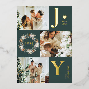 Joy Stylish 3 Photo Collage Dark Green Christmas Foil Holiday Card