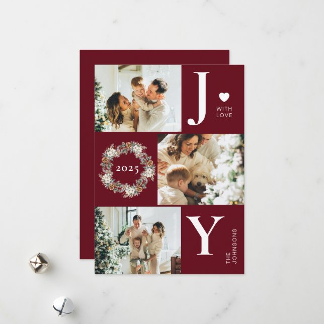 Joy Stylish Modern Photo Collage | Red Christmas Holiday Card (Front/Back In Situ)