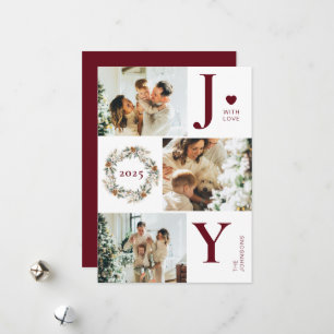 Joy Stylish Modern Photo Collage Red Christmas Holiday Card