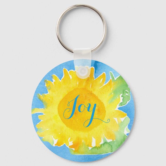 Joy Sunflower Watercolor Painting Key Ring (Front)