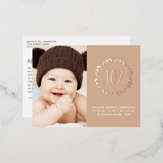 Joy Terracotta & Rose Gold New Baby 1-Photo Foil Holiday Postcard (Front/Back)