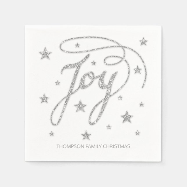 JOY Text Faux Silver Glitter Look & Custom Title Napkin (Front)