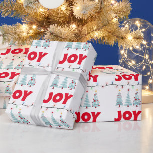 Joy Three Blue Christmas trees lighting Wrapping Paper