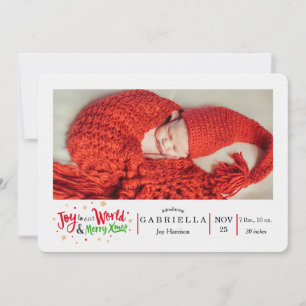 Joy to our World Christmas Photo Birth Announce Invitation