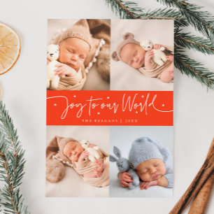 Joy To Our World Red Multi Photo Birth  Announcement