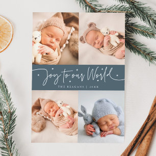 Joy To Our World Slate Blue Multi Photo Birth Announcement