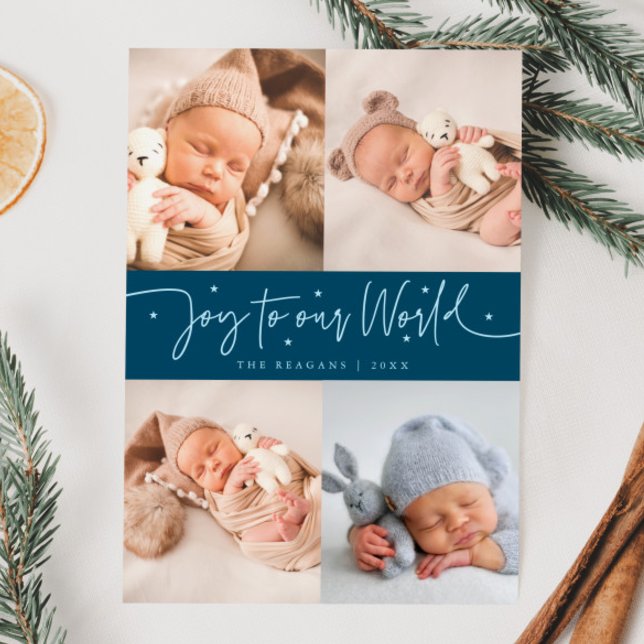 Joy To Our World Teal Multi Photo Birth  Announcement (Creator Uploaded)