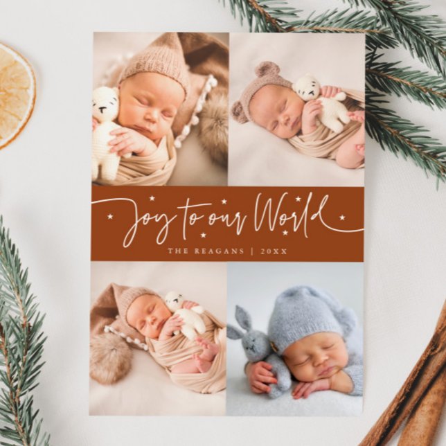 Joy To Our World Terracotta Multi Photo Birth  Announcement (Creator Uploaded)