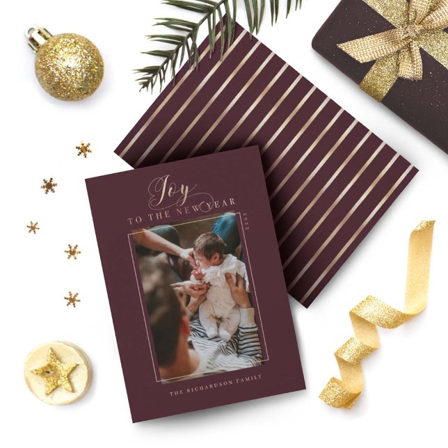 Joy to the New Year Elegant Script Photo & Stripes Holiday Card (Creator Uploaded)