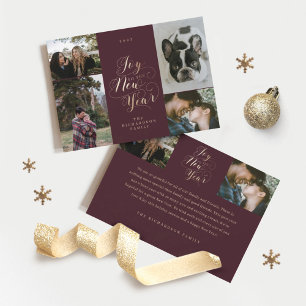 Joy to the New Year Four Photo Elegant Script Holiday Card