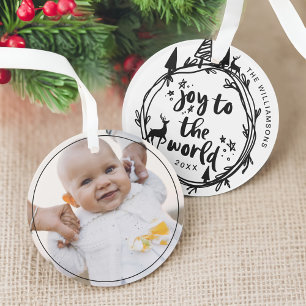 Joy To The Word   Black Pine Tree Holiday Photo Ornament