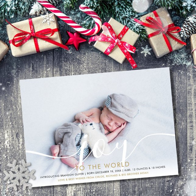 Joy to the World 2 Photo Baby Birth Holiday Card (Creator Uploaded)