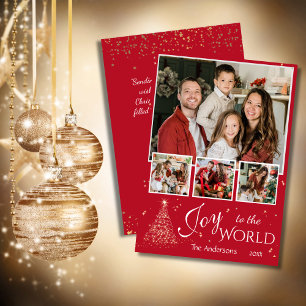 Joy to the world 4 photo collage red Christmas Holiday Card