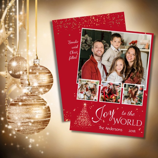 Joy to the world 4 photo collage red Christmas Holiday Card (Front/Back )