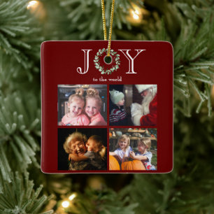 Joy to the World 4 Photos Personalised Red Ceramic Ornament