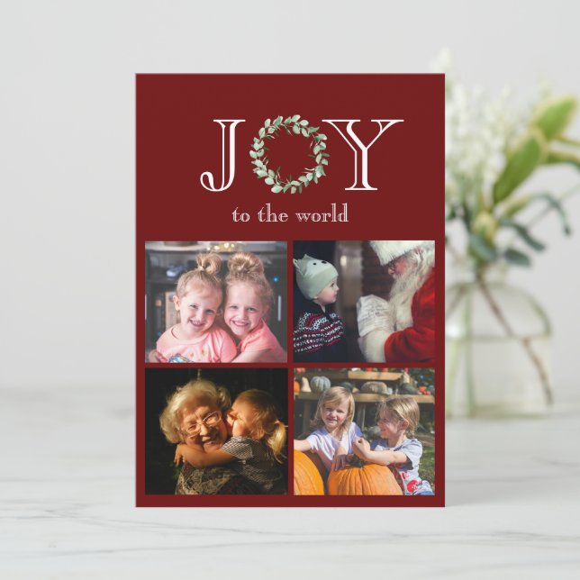 Joy to the World 4 Photos Personalised Red Holiday Card (Standing Front)