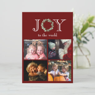 Joy to the World 4 Photos Personalised Red Holiday Card