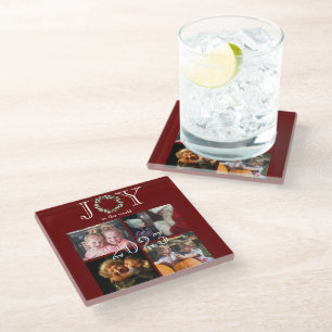 Joy to the World 4 Photos Year Personalised Red Glass Coaster