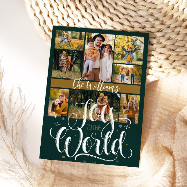 Joy to the World 8 Photo Forest Green Christmas Holiday Card (Creator Uploaded)
