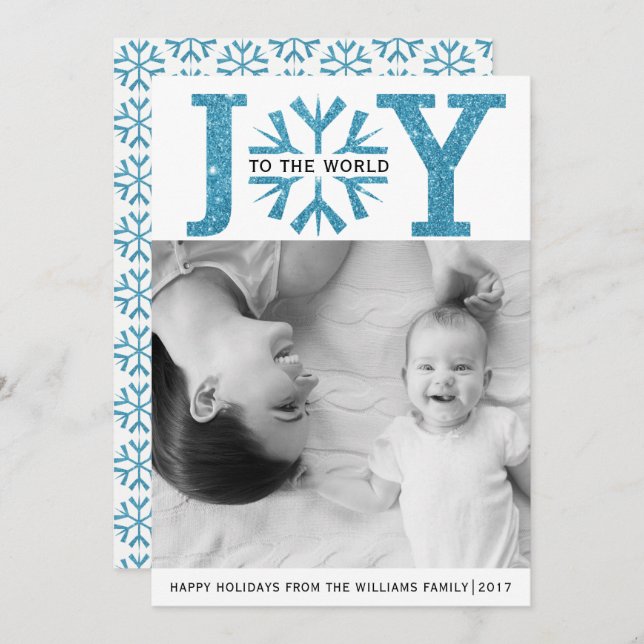Joy to the world aqua blue snowflake Christmas Holiday Card (Front/Back)