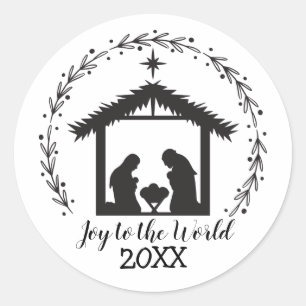 Joy to the World Black and White Nativity Classic  Round Sticker