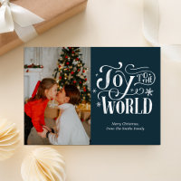 Joy to the World Blue Calligraphy Photo Modern