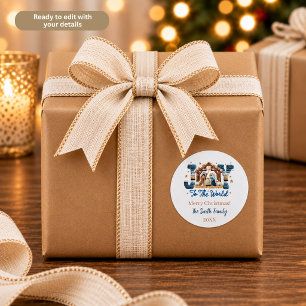 Joy to the World Blue Nativity Scene Personalised Classic Round Sticker