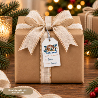Joy to the World Blue Nativity Scene Personalised Gift Tags