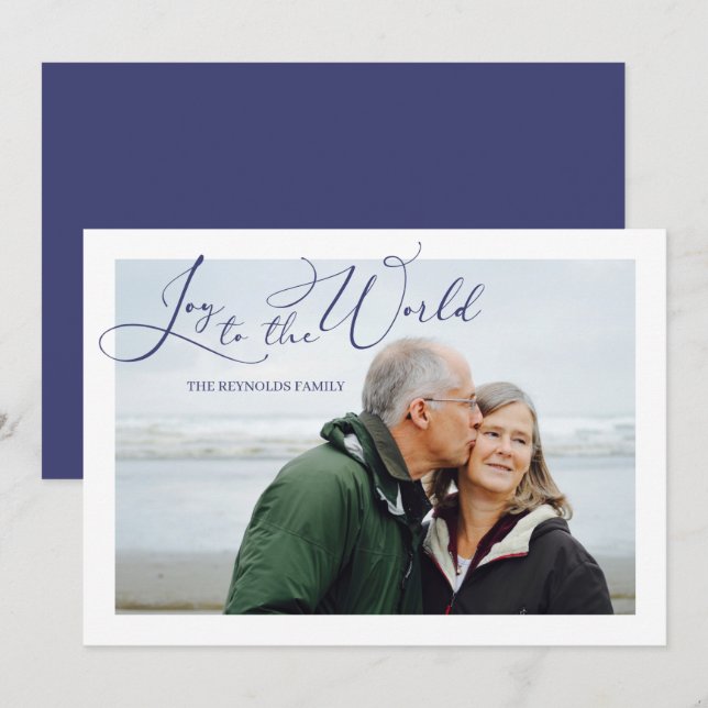 Joy to the World Blue Photo Christmas Holiday Card (Front/Back)