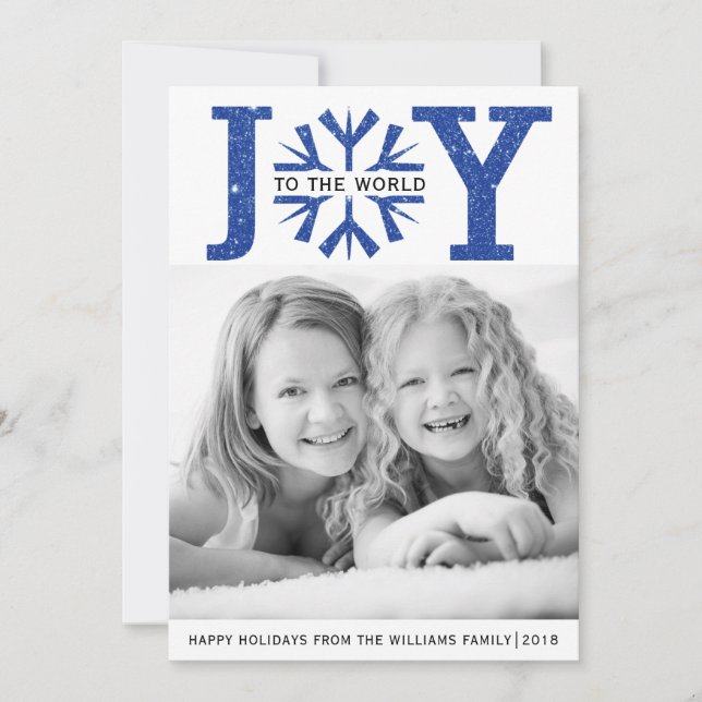 Joy to the world  blue sparkle snowflake Christmas Holiday Card (Front)