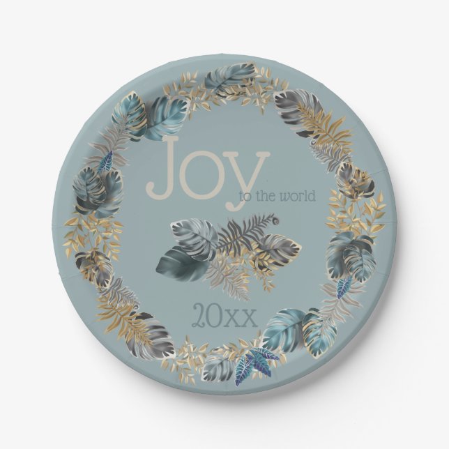 Joy to the World Blue Tropical Christmas Foliage Paper Plate (Front)
