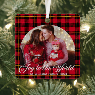 joy to the world, buffalo plaid arch family photo  metal tree decoration