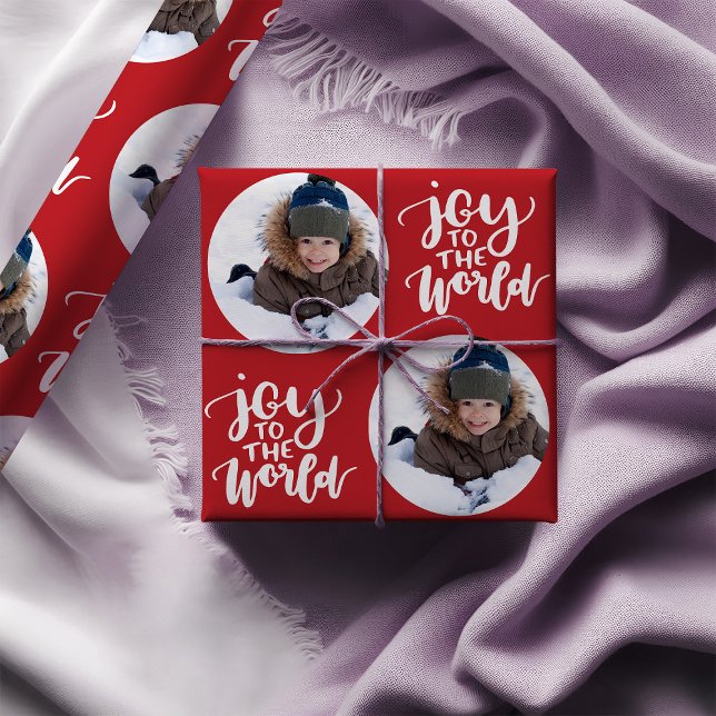 Joy to the World Calligraphy Round Photo Red Wrapping Paper (Photo christmas wrapping paper - Joy to the World)